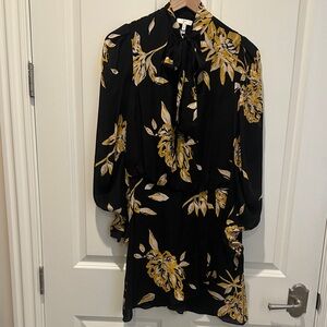 Joie Black Dress with Yellow Floral Print and Tie Neck
